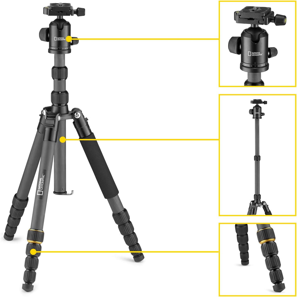 National Geographic  (NGR004TCF)  Travel Photo Tripod Kit with Monopod, Carbon Fibre, 5-Section Legs image 1